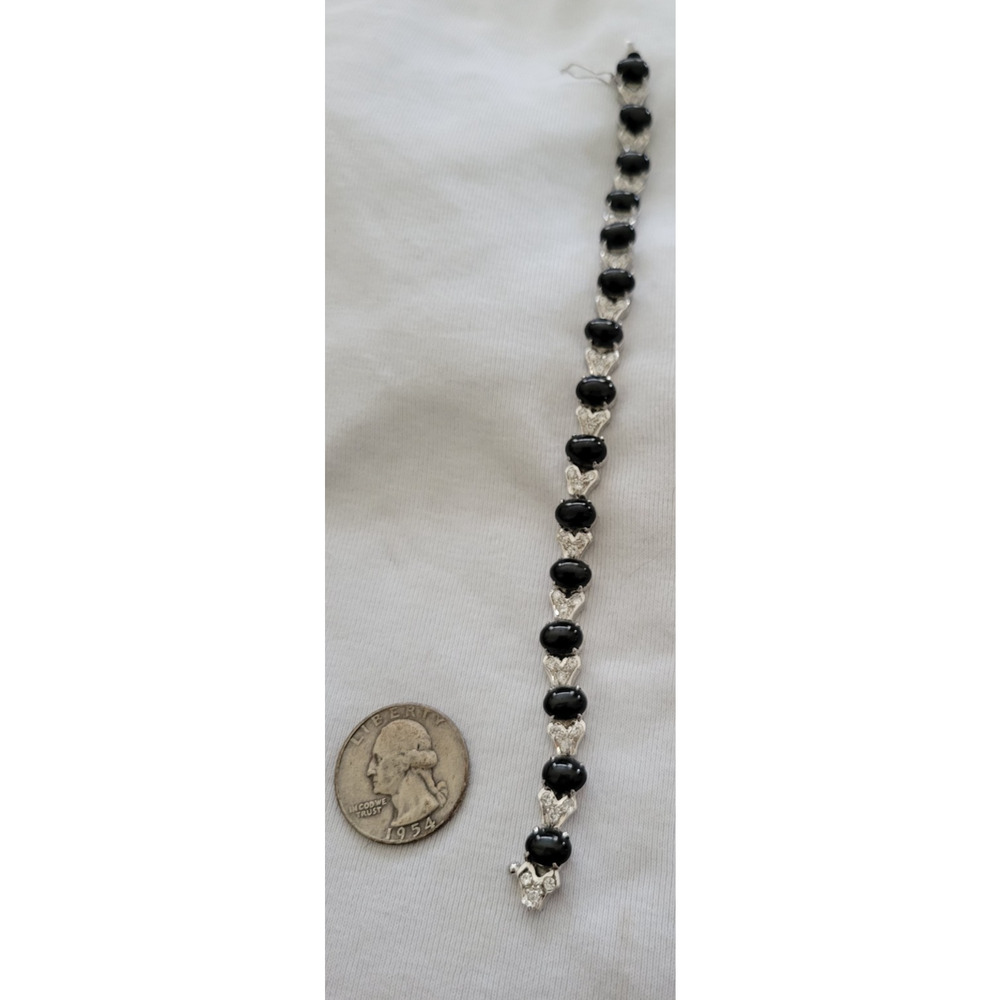 Vintage Silver Black Onxy and Rhinestone cabochon setting Stones Sz 7.25"